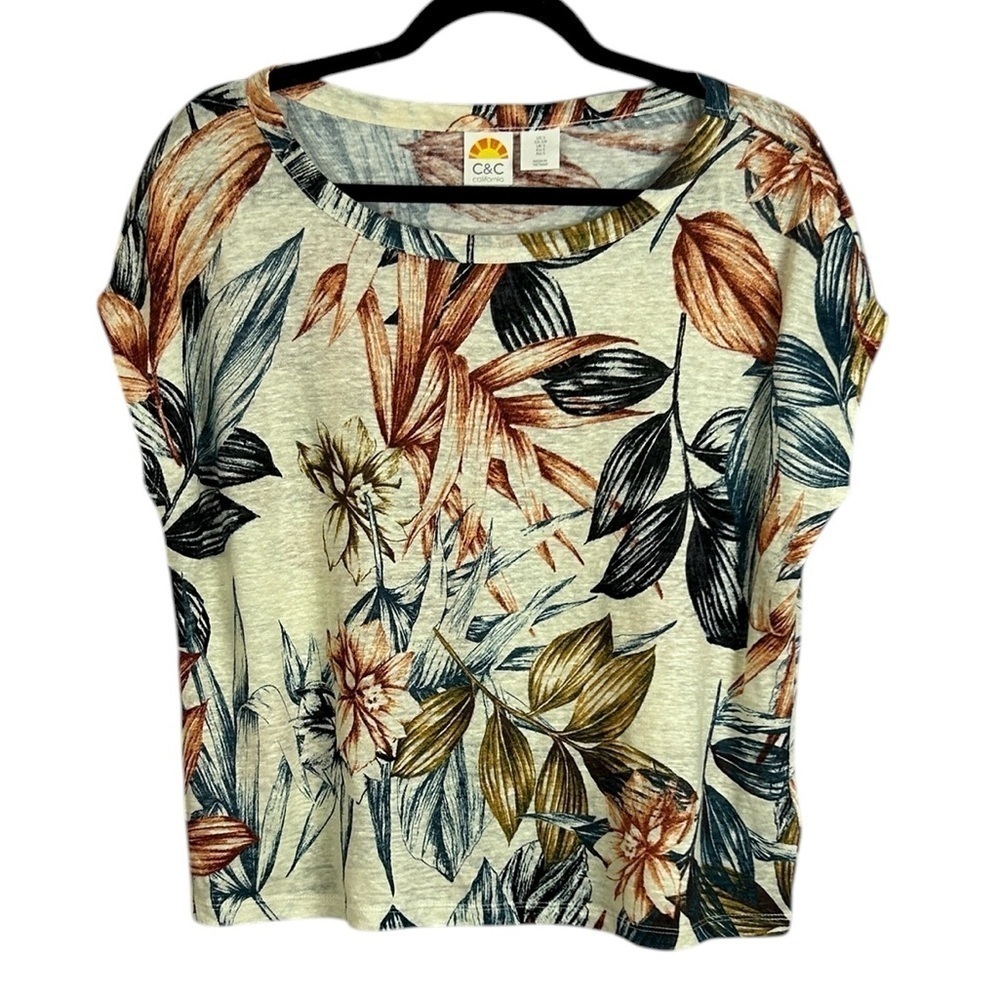 C&C California Linen Lagenlook Tropical Print Short Sleeve Top Oversized Small